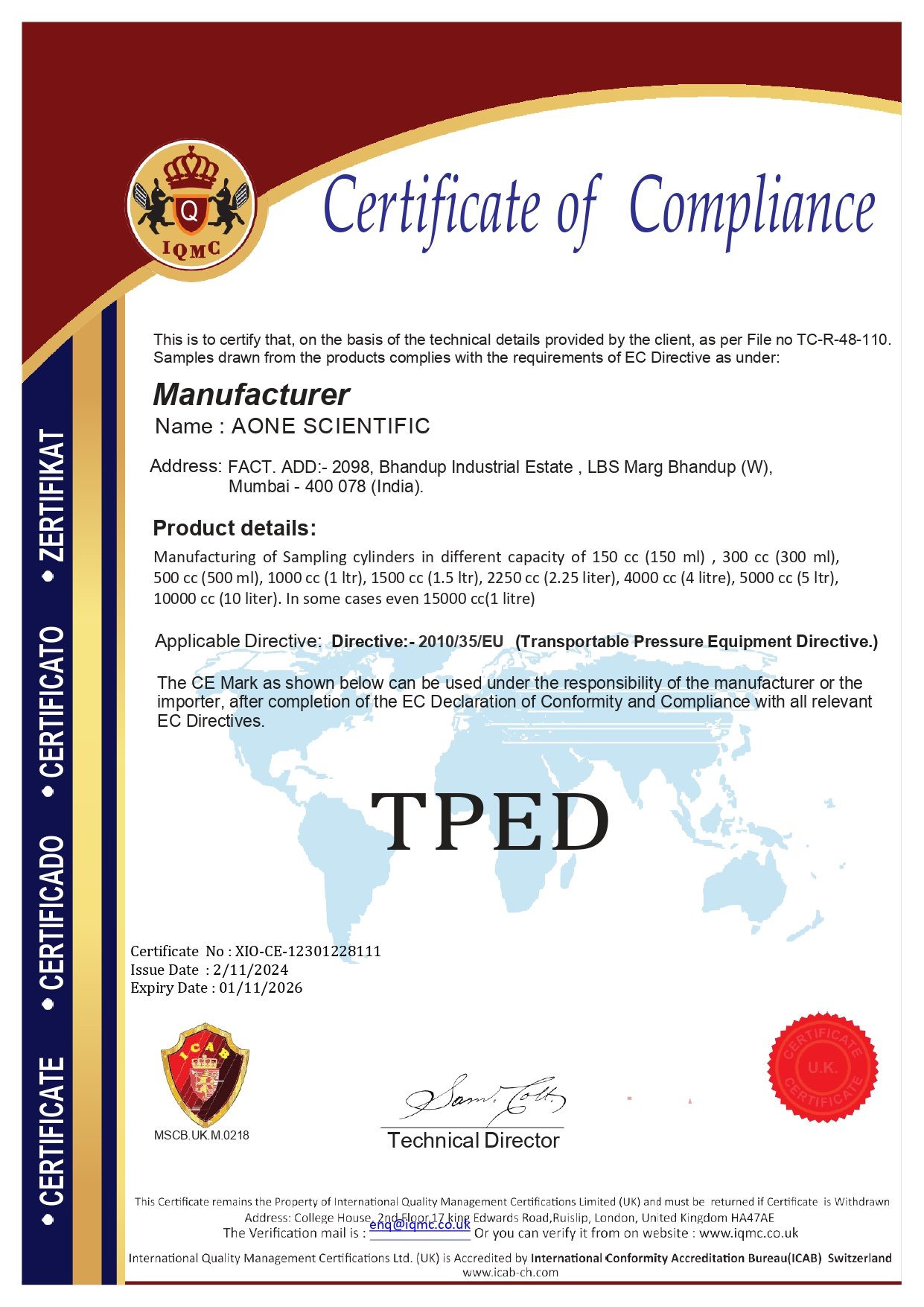 certificate of compliance